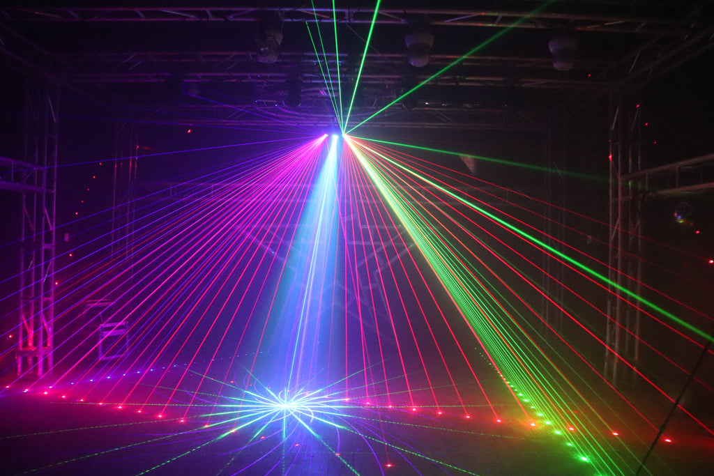 جهاز إضاءة بالليزر لمسح سداسي العين | 7 ألوان RGB، DMX512 – إضاءة للمسارح والنوادي