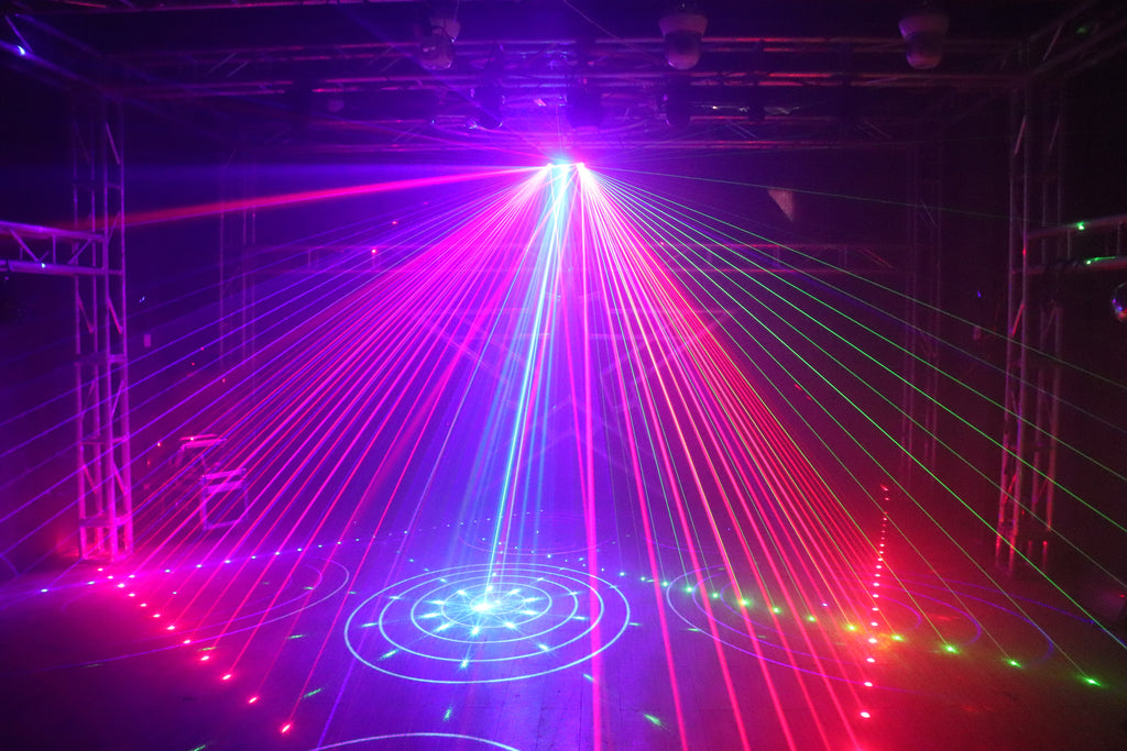 جهاز إضاءة بالليزر لمسح سداسي العين | 7 ألوان RGB، DMX512 – إضاءة للمسارح والنوادي